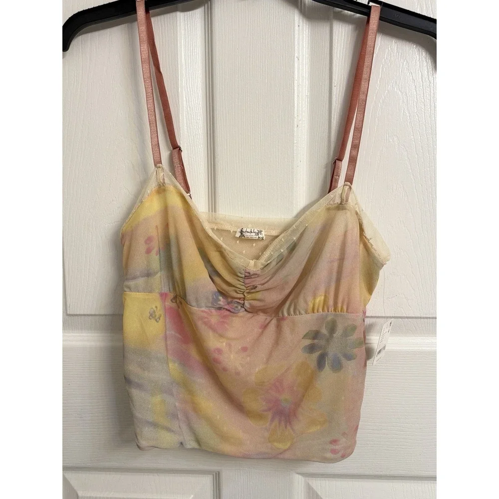 Free People X Revolve Airbrush Dreams Cami Top Pink Cropped Flower Lace Size L